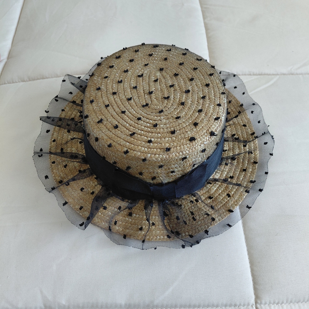 Black-Trim Straw Boater Hat with Polka Dot Veil